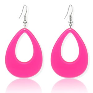 tianhongyan 70s 80s oval resin neon dangle earrings retro acrylic drop dangle for women 80's party halloween costume accessory (pink)