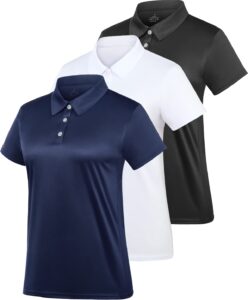 women's polo tee dry fit golf shirt moisture wicking short sleeve sport activewear golf polo tops collar with buttons workout black/white/navy l