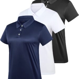 Women's Polo Tee Dry Fit Golf Shirt Moisture Wicking Short Sleeve Sport Activewear Golf Polo Tops Collar with Buttons Workout Black/White/Navy L