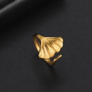 TEAMER Stainless Steel Ginkgo Leaf Finger Rings Adjustable Bohemian Ring Mother‘s Day Jewelry for Women (Gold)