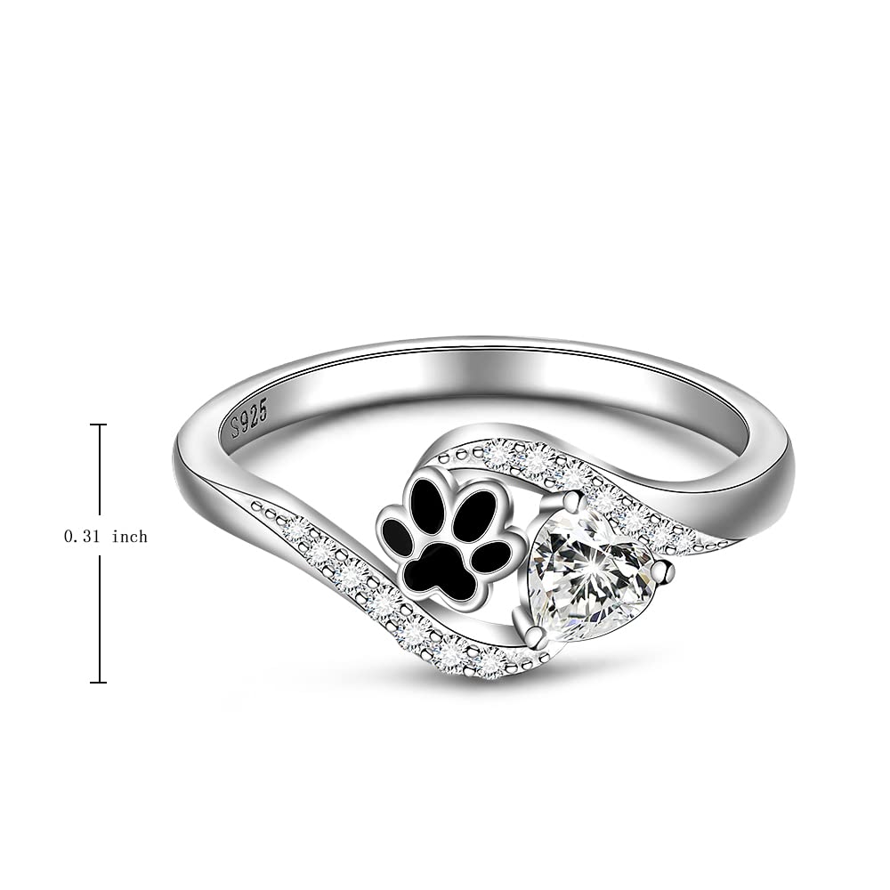 LOVGIFSET Dog Cat Paw Print Ring Pawprint Ring for Women Paw Rings Sterling Silver Paws Prints On My Heart Puppy Pet Jewelry Size 9