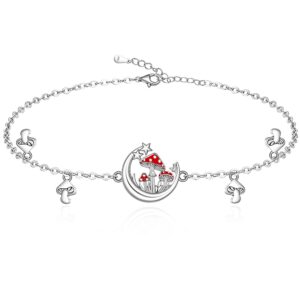 Fenthring Mushroom Bracelet Red Mushroom Moon Bracelet Sterling Silver Link Bracelets for Women Fairy Mushrooms Jewelry