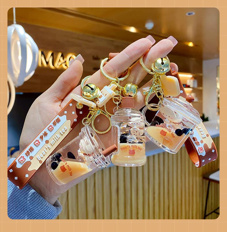 HSYHERE Men Women Creative Interesting Floating Milk Tea Brown Bear Lucky Bottle Keychain Keyrings. Bubble Tea Bear Moving Liquid Sand Car Key Chain Bag Pendant Decoration Holder - Cup.