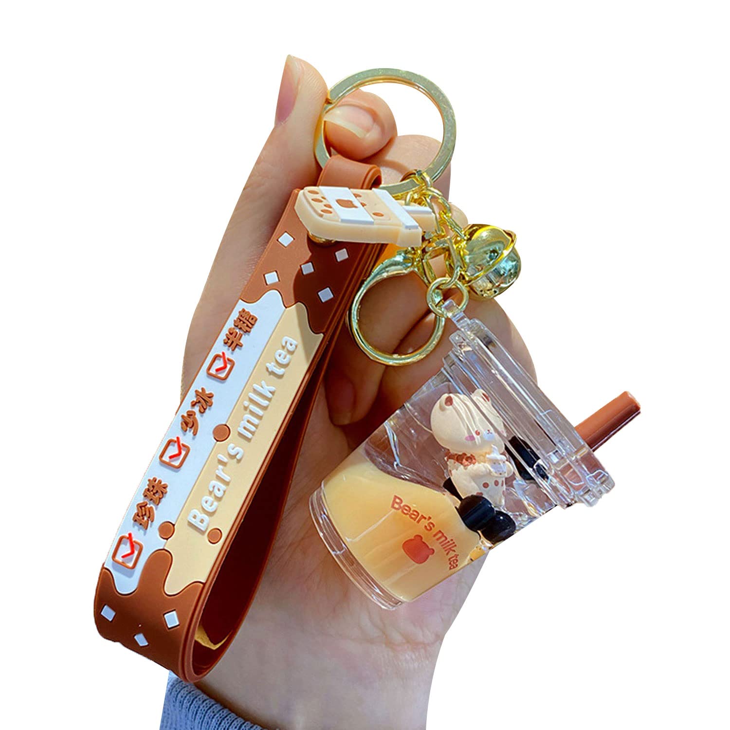 HSYHERE Men Women Creative Interesting Floating Milk Tea Brown Bear Lucky Bottle Keychain Keyrings. Bubble Tea Bear Moving Liquid Sand Car Key Chain Bag Pendant Decoration Holder - Cup.