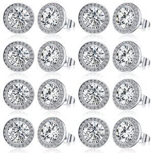 8 pairs rhinestone earrings competition dance earrings for women crystal stud earrings round diamond earrings halo jewelry for dance competitions stage performance bridal party (silver, 14 mm)