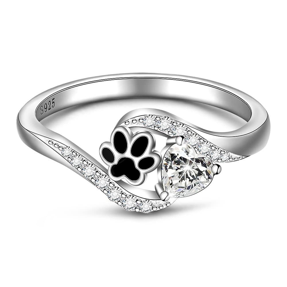 LOVGIFSET Dog Cat Paw Print Ring Pawprint Ring for Women Paw Rings Sterling Silver Paws Prints On My Heart Puppy Pet Jewelry Size 9