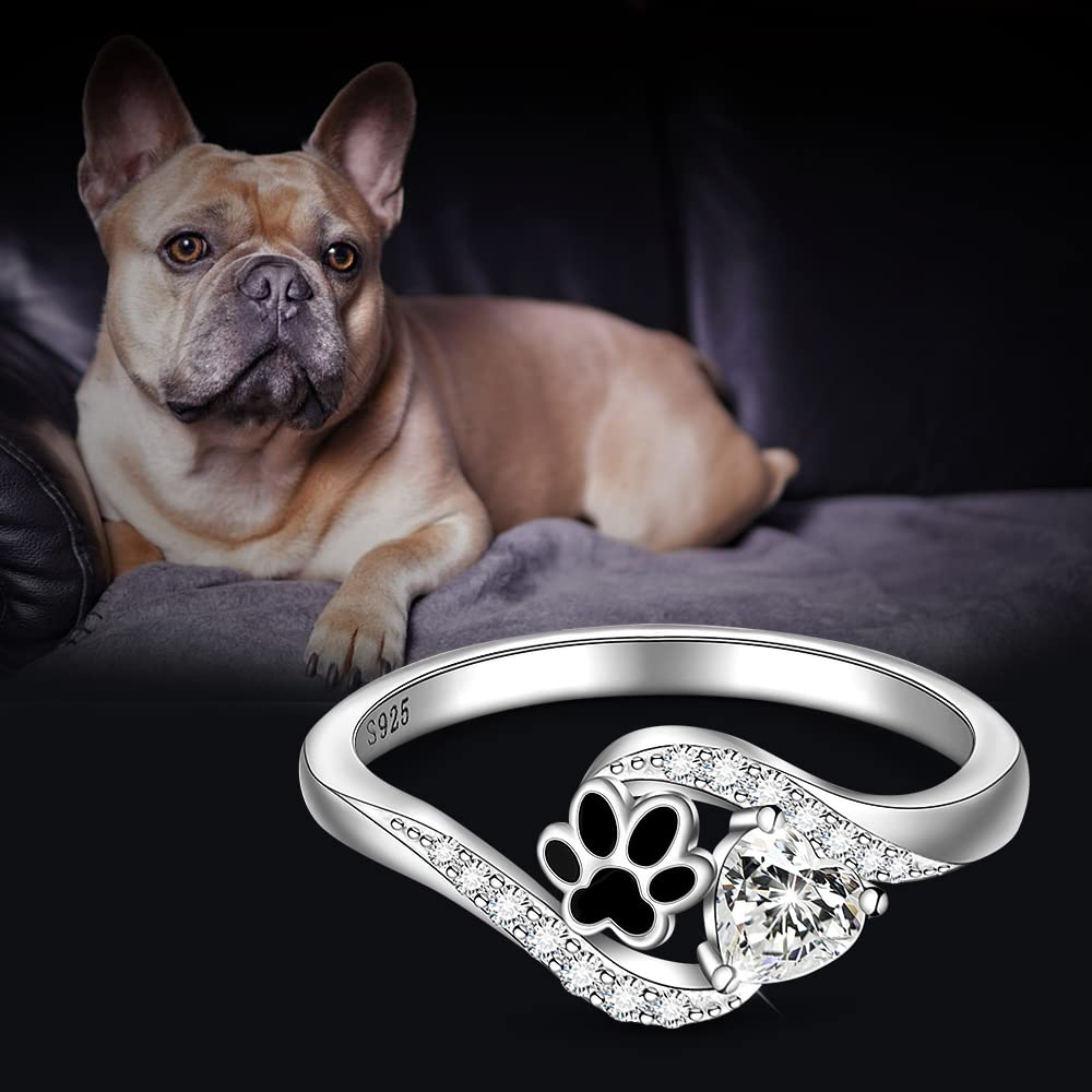 LOVGIFSET Dog Cat Paw Print Ring Pawprint Ring for Women Paw Rings Sterling Silver Paws Prints On My Heart Puppy Pet Jewelry Size 9