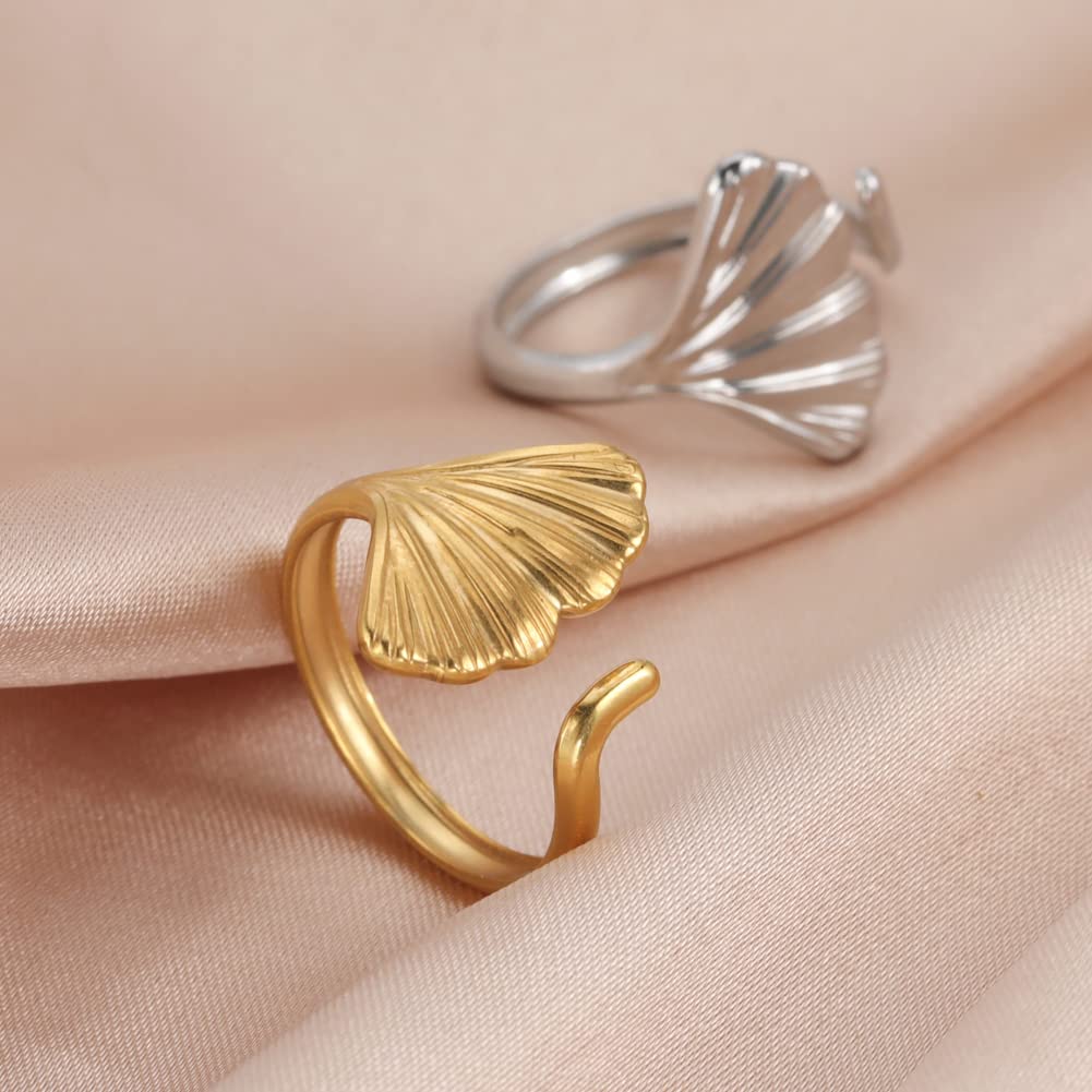 TEAMER Stainless Steel Ginkgo Leaf Finger Rings Adjustable Bohemian Ring Mother‘s Day Jewelry for Women (Gold)