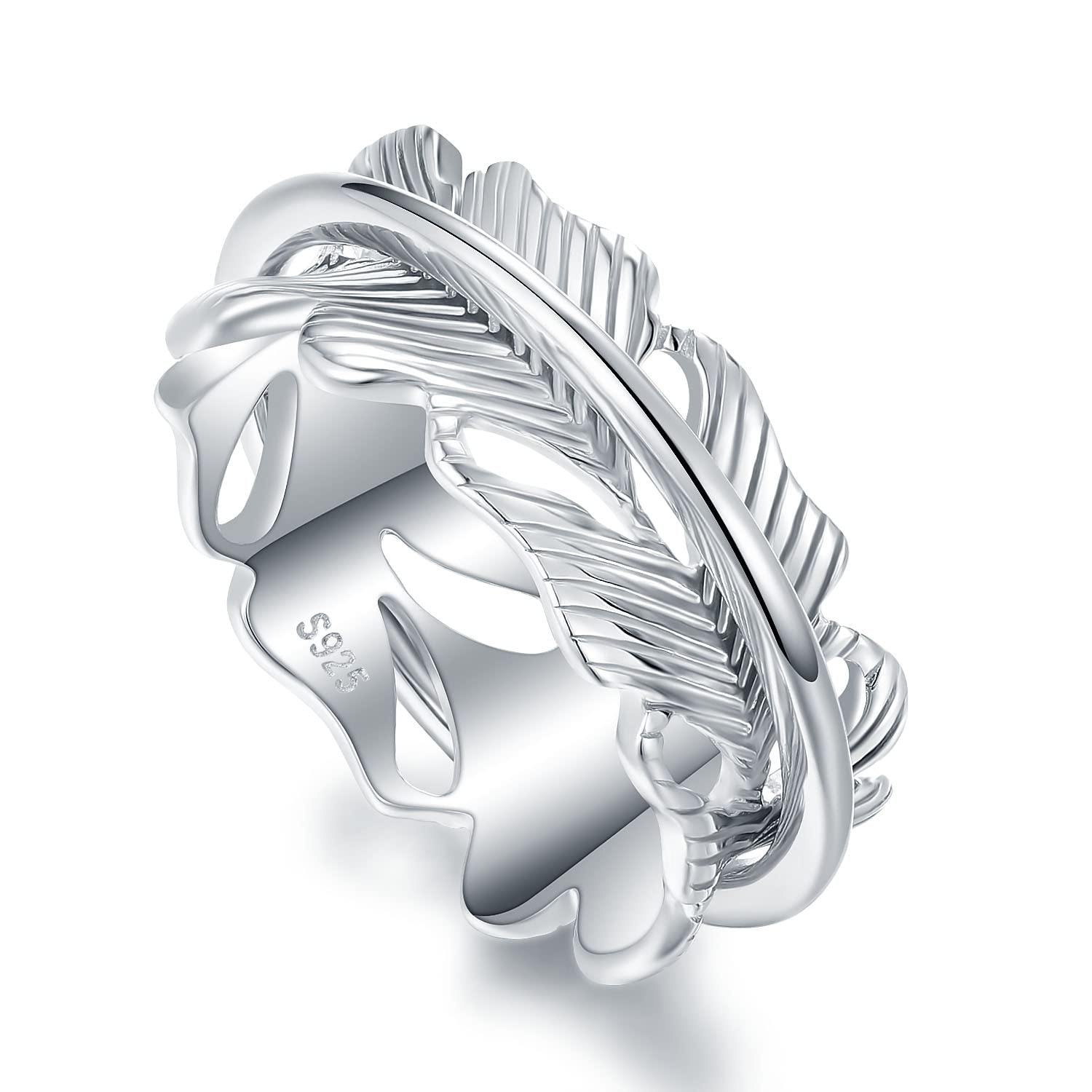 STROLLGIRL Sterling silver Simple spinner ring Fidget band ring spinning meditation anxiety ring (feather design, 10)