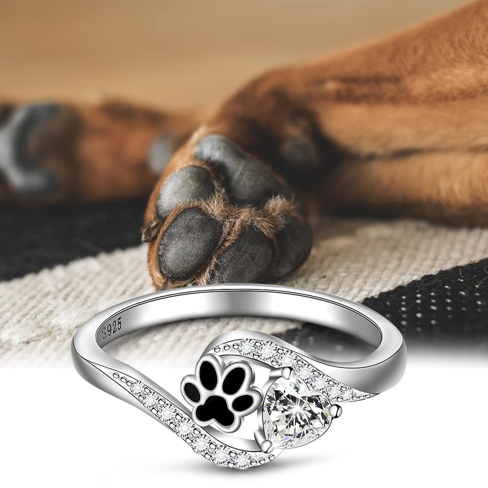 LOVGIFSET Dog Cat Paw Print Ring Pawprint Ring for Women Paw Rings Sterling Silver Paws Prints On My Heart Puppy Pet Jewelry Size 9