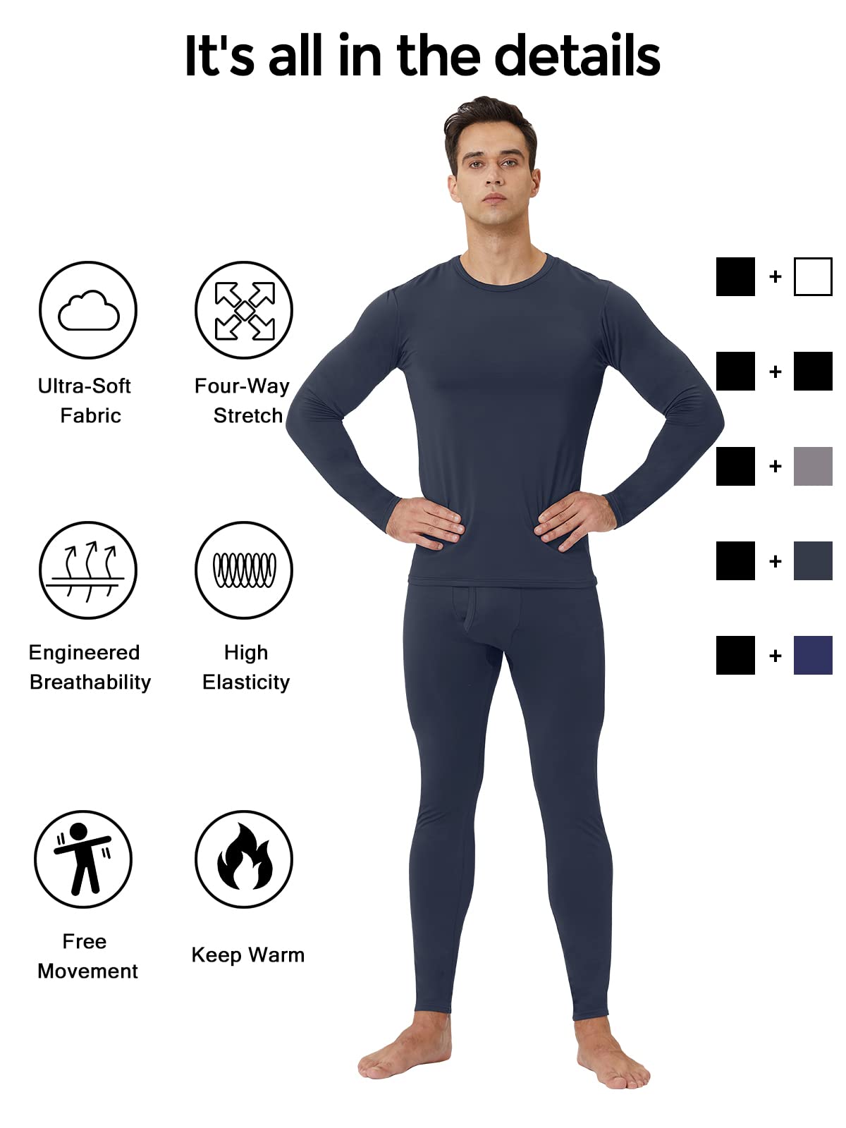 Thermal Underwear for Men, 2 Pack Long Johns Winter Long Underwear Sport Skiing Fleece Lined Base Layer Top and Bottom Set M