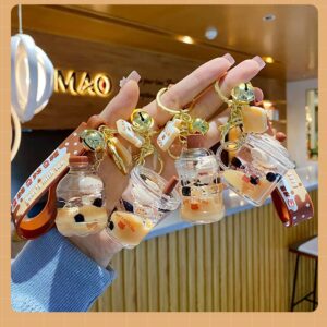 HSYHERE Men Women Creative Interesting Floating Milk Tea Brown Bear Lucky Bottle Keychain Keyrings. Bubble Tea Bear Moving Liquid Sand Car Key Chain Bag Pendant Decoration Holder - Cup.