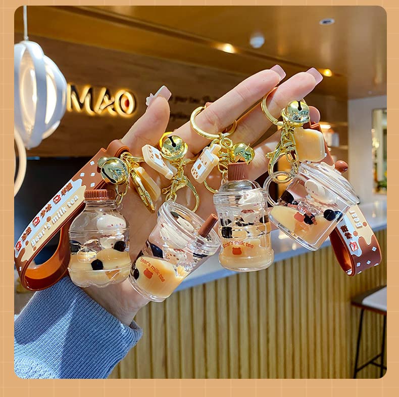 HSYHERE Men Women Creative Interesting Floating Milk Tea Brown Bear Lucky Bottle Keychain Keyrings. Bubble Tea Bear Moving Liquid Sand Car Key Chain Bag Pendant Decoration Holder - Cup.