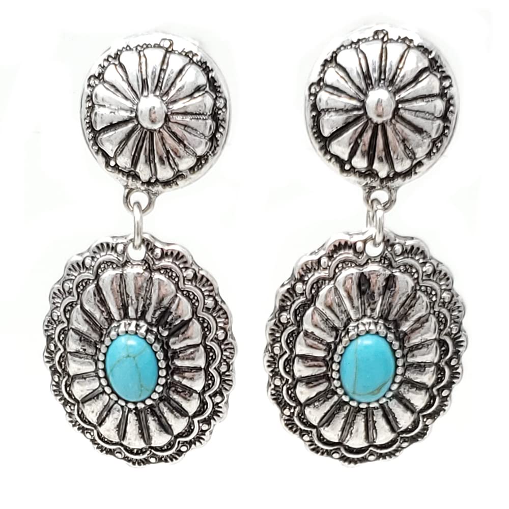 Emulily Western Concho Dangling Clip on Earrings Navajo (Turquoise)