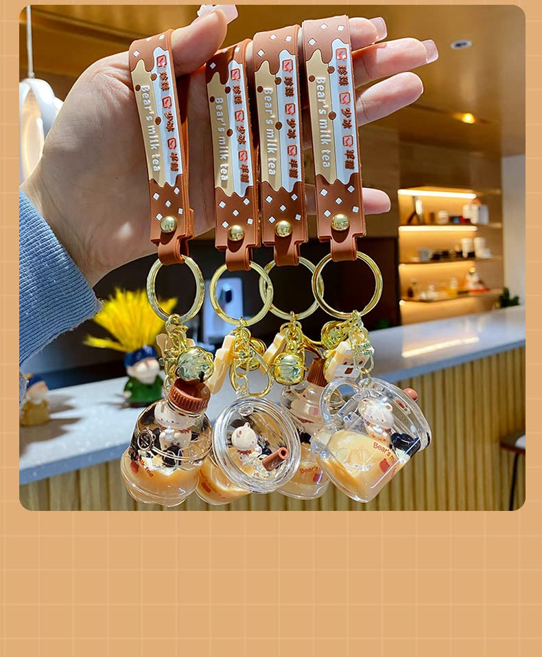 HSYHERE Men Women Creative Interesting Floating Milk Tea Brown Bear Lucky Bottle Keychain Keyrings. Bubble Tea Bear Moving Liquid Sand Car Key Chain Bag Pendant Decoration Holder - Cup.