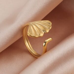 TEAMER Stainless Steel Ginkgo Leaf Finger Rings Adjustable Bohemian Ring Mother‘s Day Jewelry for Women (Gold)