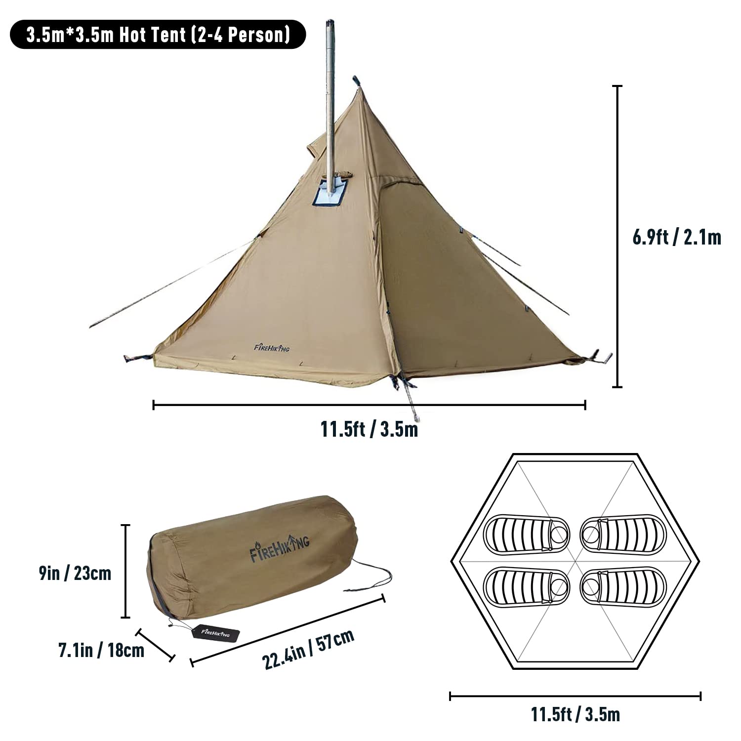 FIREHIKING Camping Hot Tent Teepee Tent with Stove Jack and Half Inner Mesh Tent 2-4 Persons