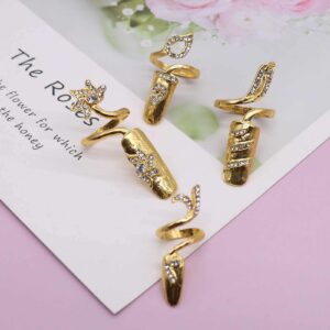 4 Pcs Opening Crystal Fingernail Ring Adjustable Rhinestone Nail Decoration Flower Finger Tip Rings Decoration Art Charm Fashion Accessories for Women Girls Gold Plated