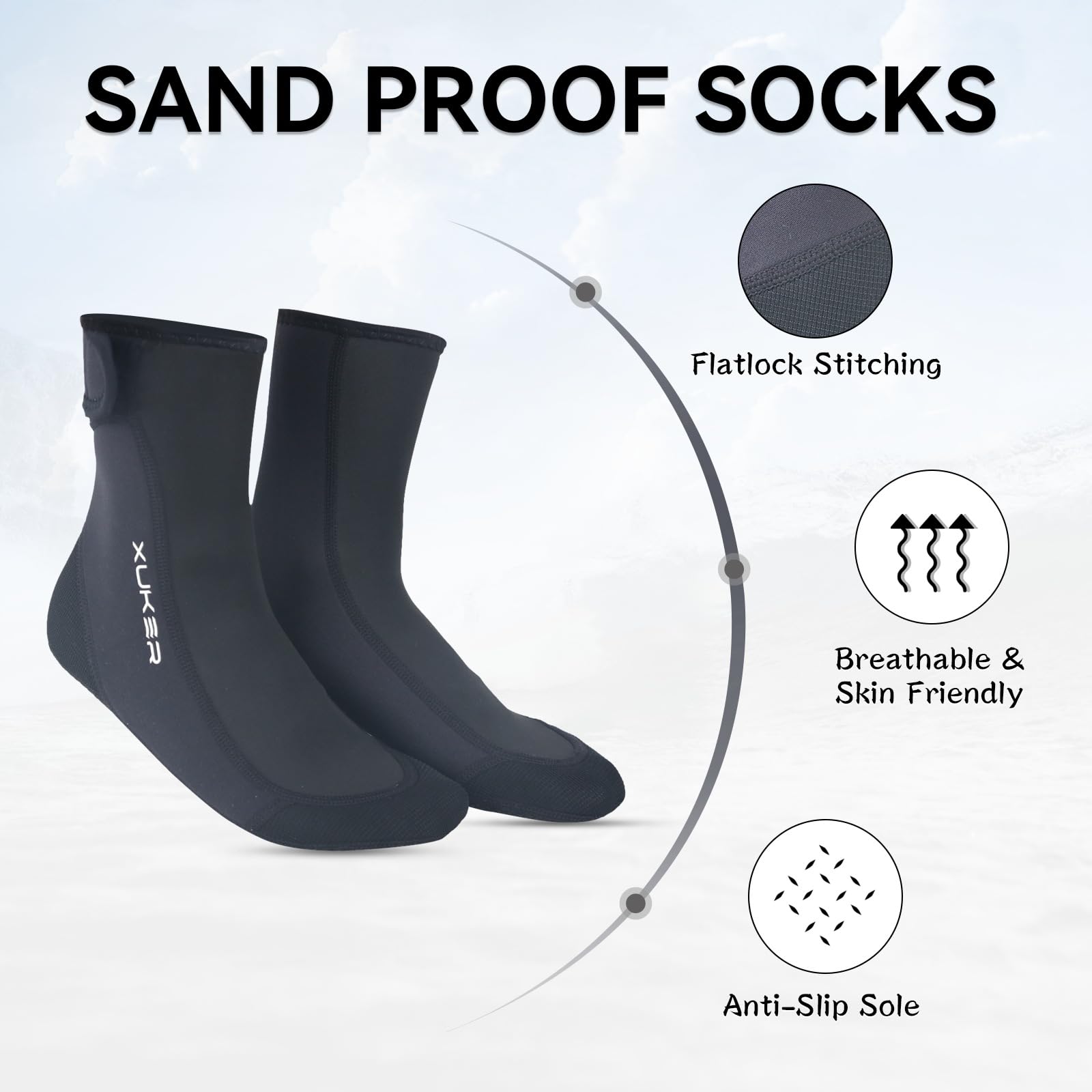 XUKER Sand Proof Beach Volleyball Socks Anti Slip Quick Dry Water Socks Swim Dive Socks for Sand Beach Soccer Tennis, Black S