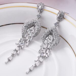 Wedding Bridal Bridesmaid Chandelier Cubic Zirconia Stud Earrings for Women, Crystal Tassel Long Chandelier Wedding Stud Earrings for Prom or Pageant