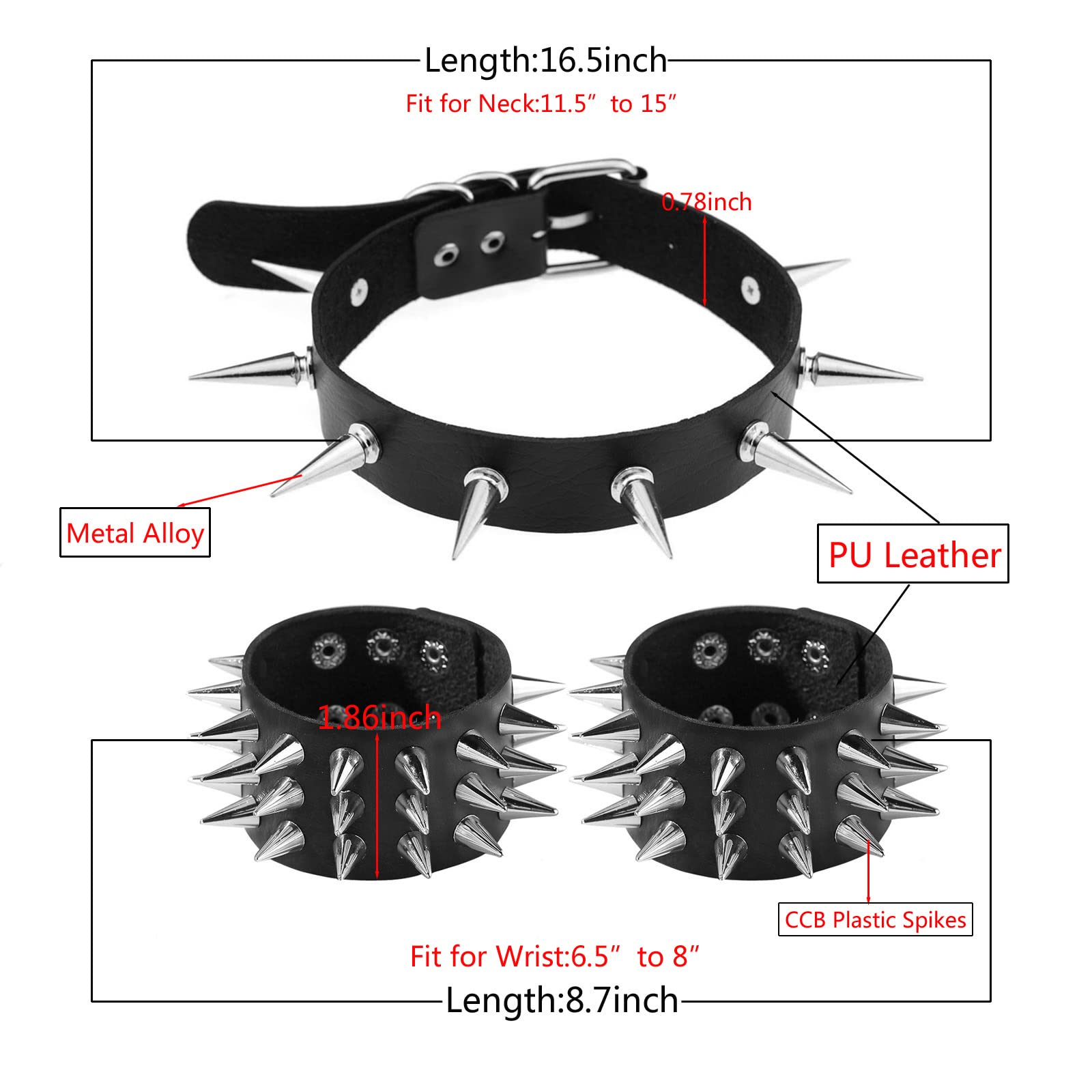 Tosmifairy Soft Faux Leather Choker Collar with Spiked,Punk Rock Necklace and Bracelets Emo Jewelry Set for Women Men Cosplay