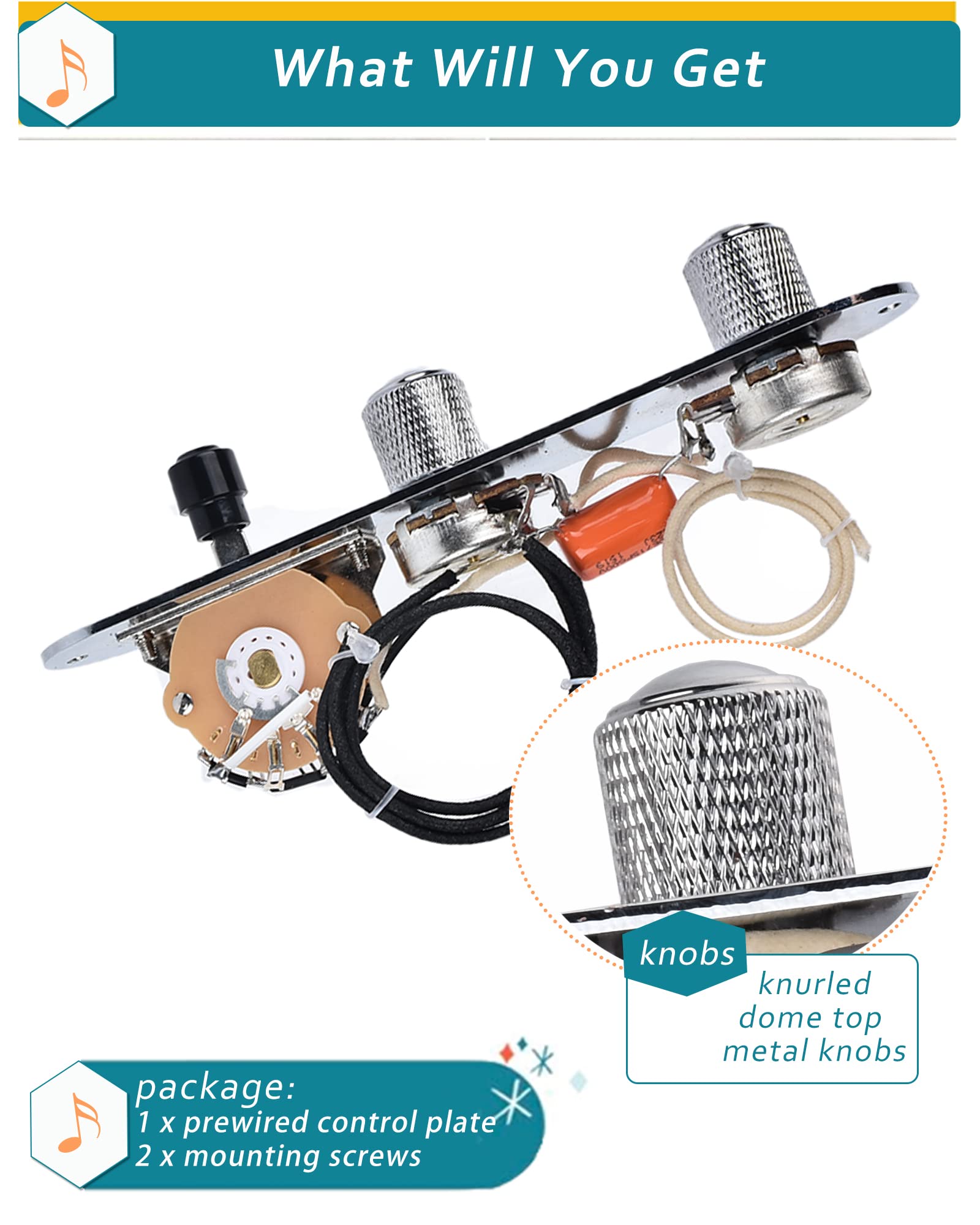 LAMSAM Fully Loaded Guitar Control Plate, Prewired 3-way Blade Switch Large Potentiometers Orange Capacitor, Knurled Volume Tone Controls Knobs Fit for Guitars with Single Coil Pickups, Chrome