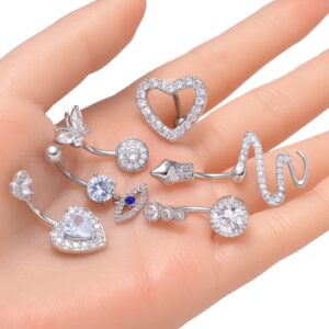 Akeoqi 14G Belly Button Rings for Women Dangle Cute Snake Round/Love Heart Devil Heart Clear Cubic Zirconia Navel Rings Body Piercing Jewelry Pack