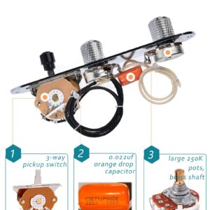 LAMSAM Fully Loaded Guitar Control Plate, Prewired 3-way Blade Switch Large Potentiometers Orange Capacitor, Knurled Volume Tone Controls Knobs Fit for Guitars with Single Coil Pickups, Chrome