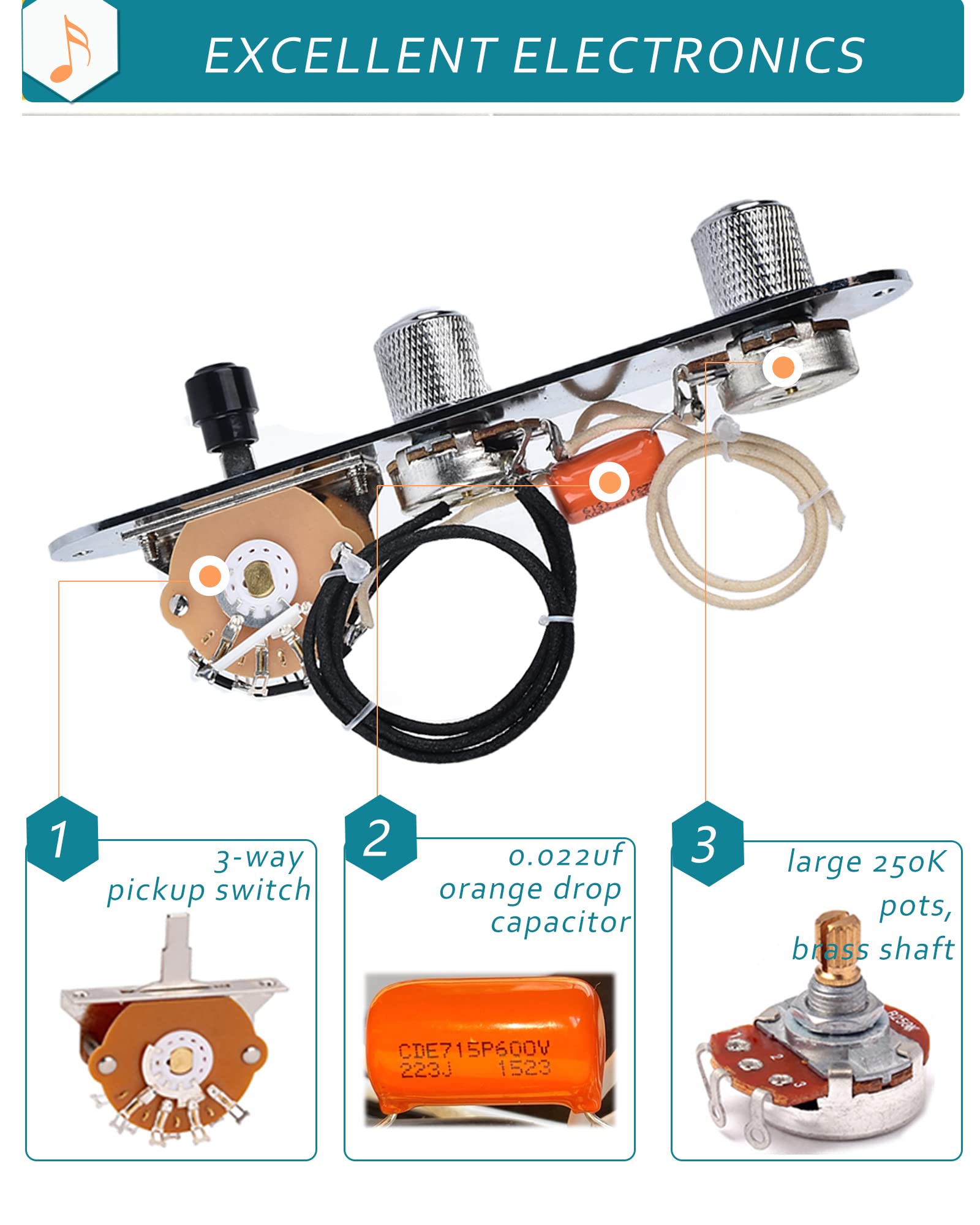 LAMSAM Fully Loaded Guitar Control Plate, Prewired 3-way Blade Switch Large Potentiometers Orange Capacitor, Knurled Volume Tone Controls Knobs Fit for Guitars with Single Coil Pickups, Chrome