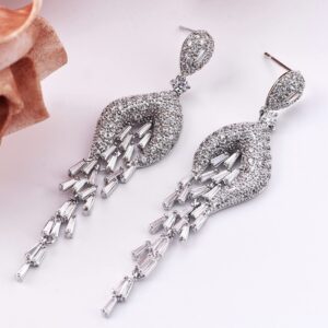 Wedding Bridal Bridesmaid Chandelier Cubic Zirconia Stud Earrings for Women, Crystal Tassel Long Chandelier Wedding Stud Earrings for Prom or Pageant