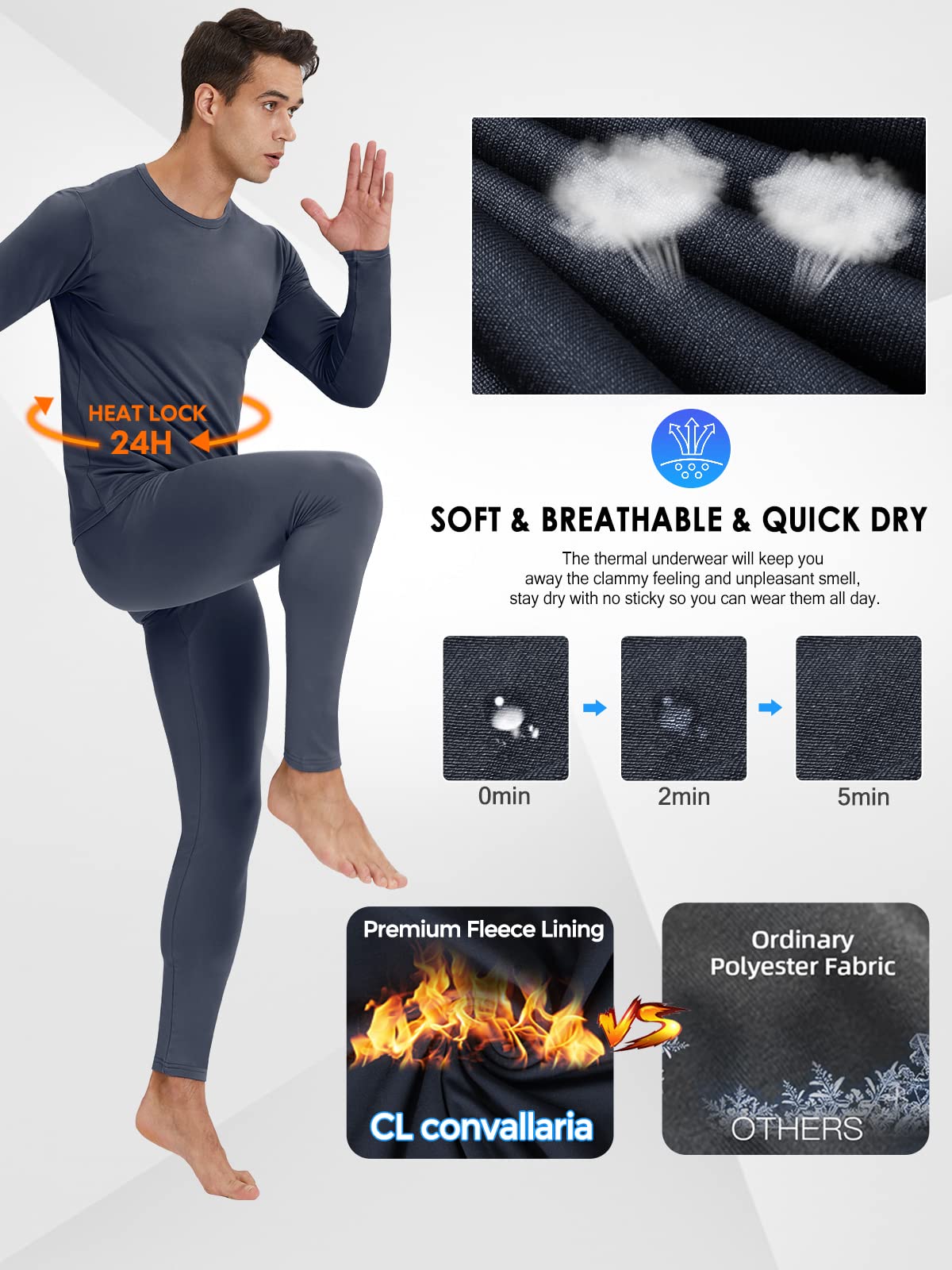 Thermal Underwear for Men, 2 Pack Long Johns Winter Long Underwear Sport Skiing Fleece Lined Base Layer Top and Bottom Set M