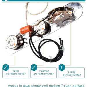 LAMSAM Fully Loaded Guitar Control Plate, Prewired 3-way Blade Switch Large Potentiometers Orange Capacitor, Knurled Volume Tone Controls Knobs Fit for Guitars with Single Coil Pickups, Chrome