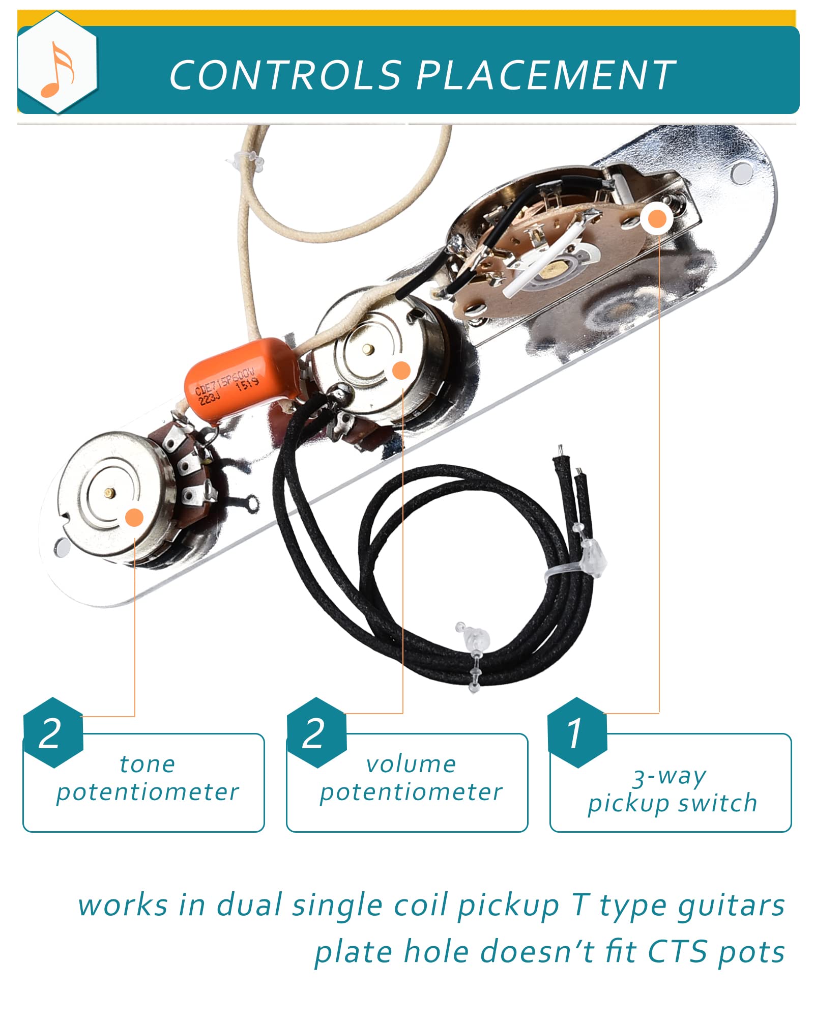 LAMSAM Fully Loaded Guitar Control Plate, Prewired 3-way Blade Switch Large Potentiometers Orange Capacitor, Knurled Volume Tone Controls Knobs Fit for Guitars with Single Coil Pickups, Chrome