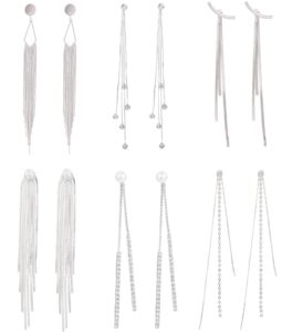 finzor 6 pairs long tassel dangle drop earrings for women punk sleek metal chain earrings wedding bridesmaid jewelry（silver）