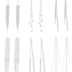 FINZOR 6 Pairs Long Tassel Dangle Drop Earrings for Women Punk Sleek Metal Chain Earrings Wedding Bridesmaid Jewelry（Silver）