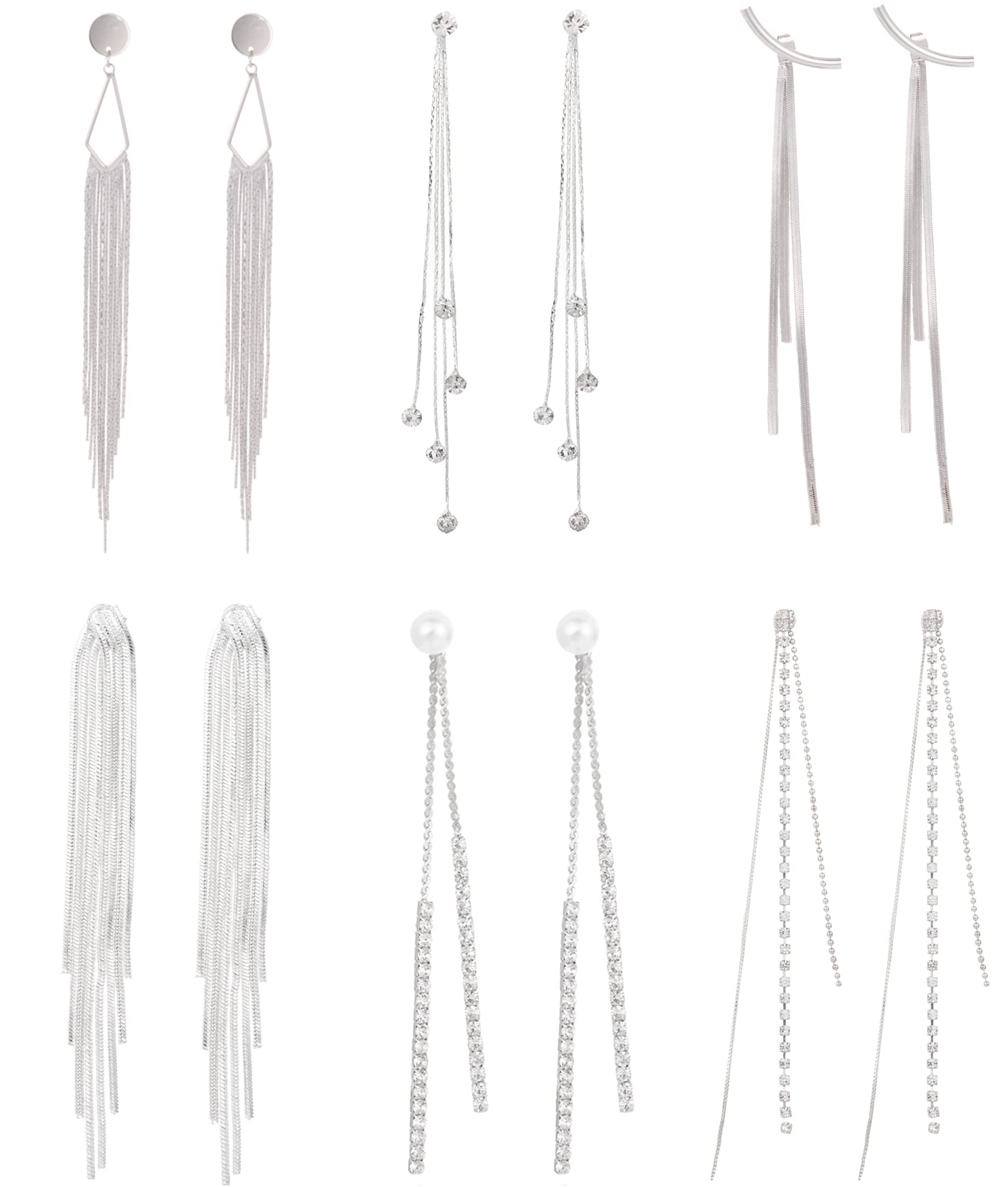 FINZOR 6 Pairs Long Tassel Dangle Drop Earrings for Women Punk Sleek Metal Chain Earrings Wedding Bridesmaid Jewelry（Silver）