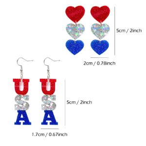 Patriotic Dangle Drop Stud Earrings 4th of July Glitter Red White Blue USA Star Heart American Flag Acrylic Jewelry Women Her Forth Independence Memorial Day Party Favor Gift