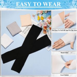 Meanplan 4 Pairs Women Sun Arm Sleeves Long Fingerless Gloves Warmers with Thumb Hole(Black, Gray, Nude, White)