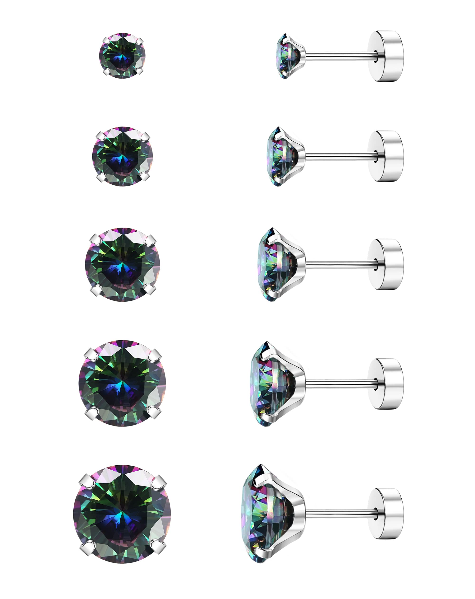 Jstyle Screw Back Stud Earrings Set 20G Surgical Steel Cubic Zirconia Cartilage Piercing Jewelry for Women Men Sensitive Ears CZ Tragus Helix Flat Back Earrings Stud Colorful