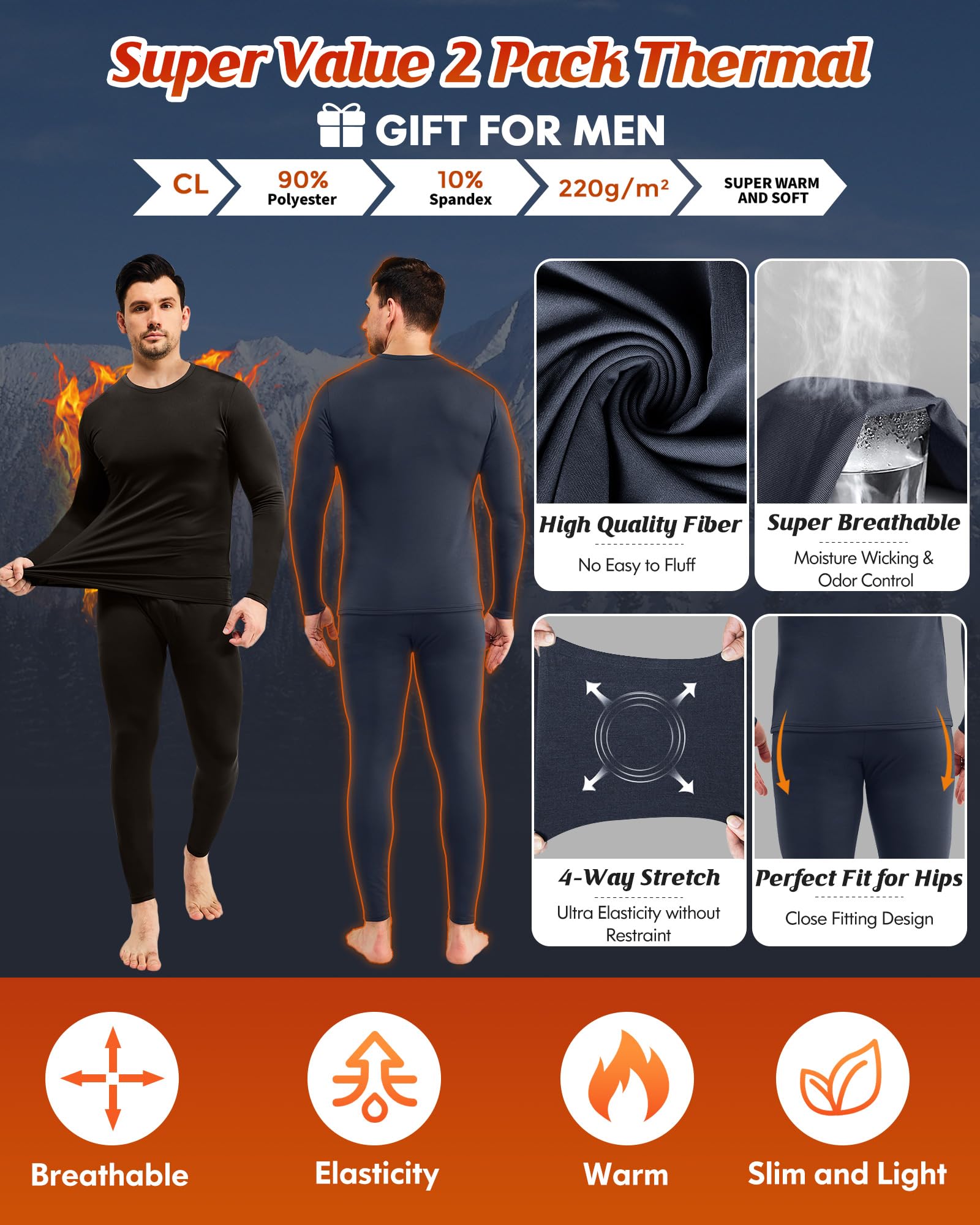 Thermal Underwear for Men, 2 Pack Long Johns Winter Long Underwear Sport Skiing Fleece Lined Base Layer Top and Bottom Set M