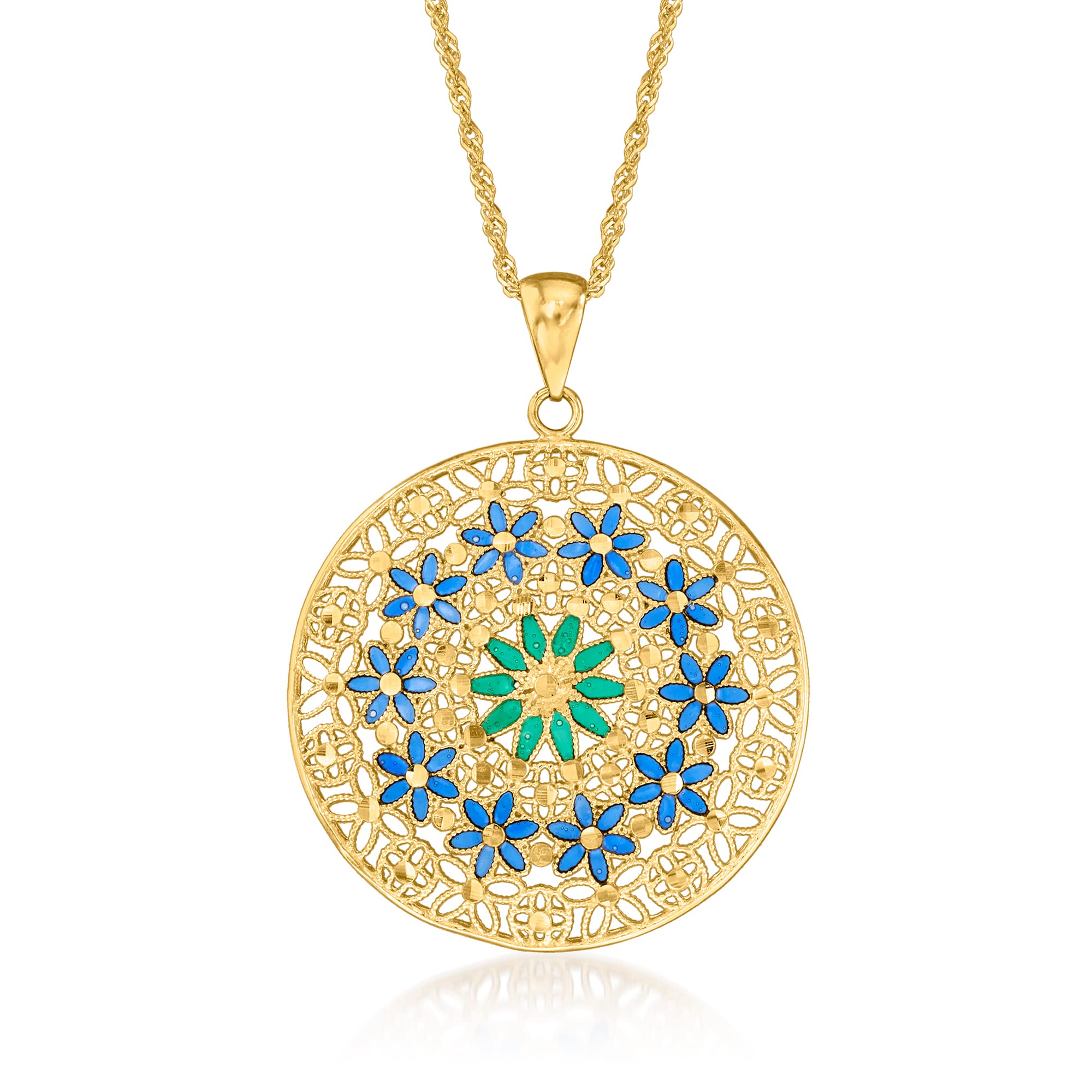 Ross-Simons Italian Blue and Green Enamel Floral Medallion Pendant Necklace in 18kt Gold Over Sterling