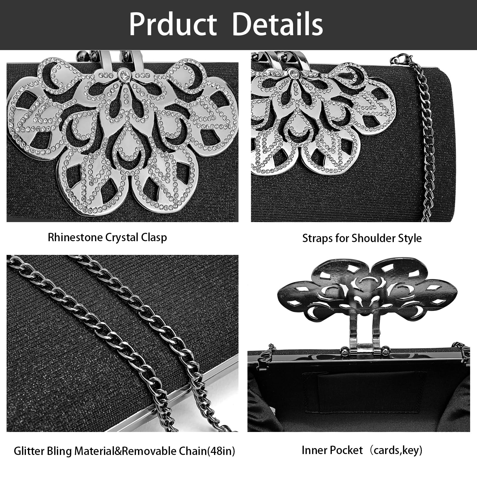 Evening Clutch Purses for Women Sparkly Rhinestone Crystal Evening Handbag Shoulder Bag Formal Party Wedding Purse (Black -Glitter)