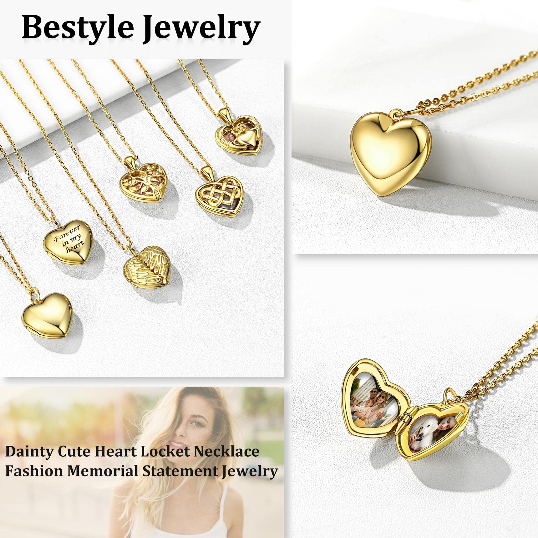 Bestyle High Polish Silver Gold Heart Locket Necklaces for Women, Minimalist 18K Gold Plated Heart Locket Pendant Charm That Hold Pictures Cute Love Heart Necklace Statment Jewelry for Wife