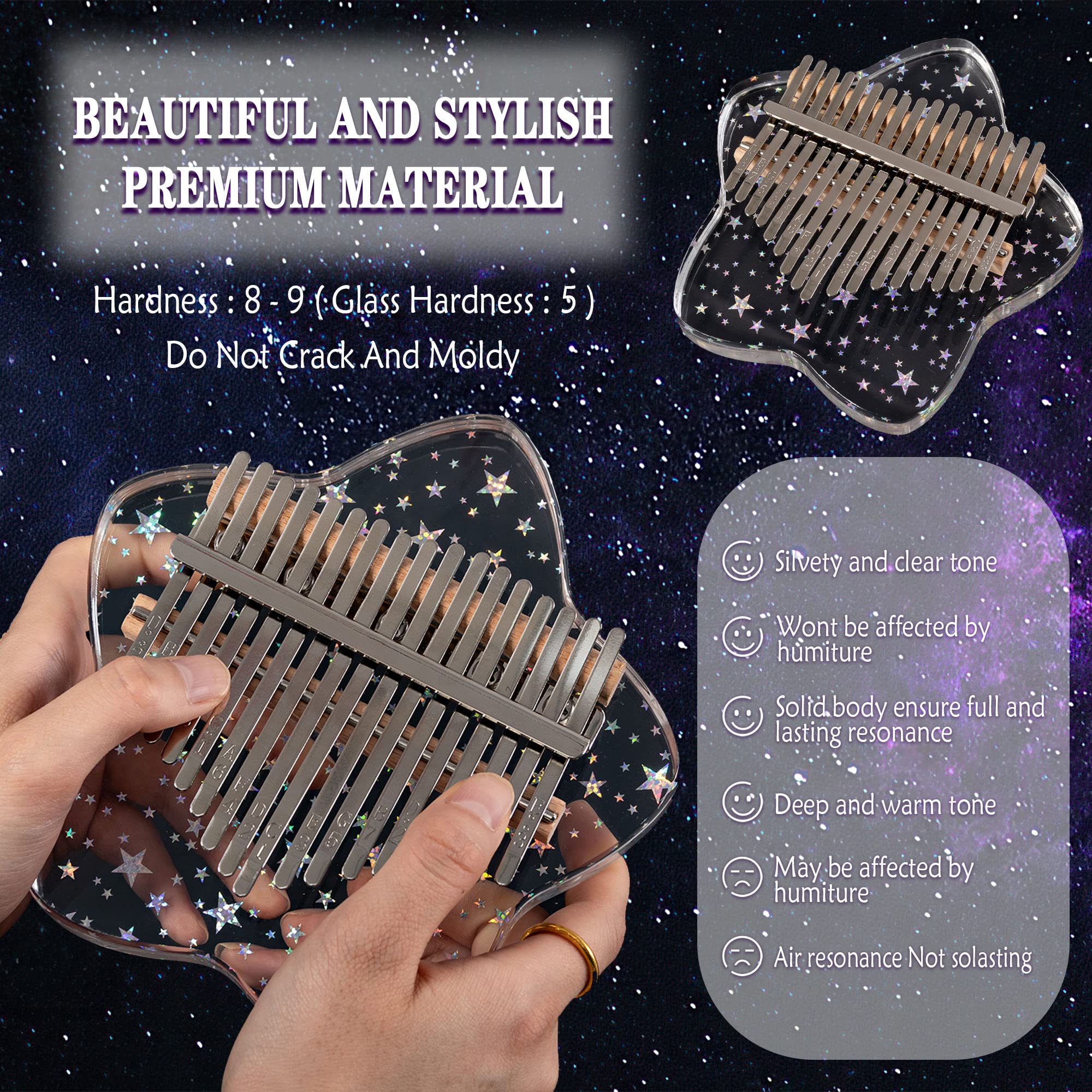 LUCKIPLUS Cute Kalimba Thumb Piano 17 Keys-Star Crystal Acrylic Finger Piano-Portable Mbira Musical Instruments Cute Christmas Gift with Tune Hammer and Study Instruction for Adults Beginners