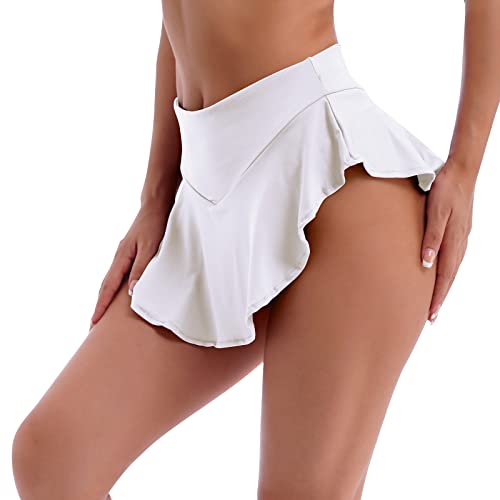 Women's High Waisted Ruffle Pleated Skirted Hot Pants Booty Shorts Elastic Waist Yoga Gym Mini Rave Dance Bottoms Active Skirted Panties White