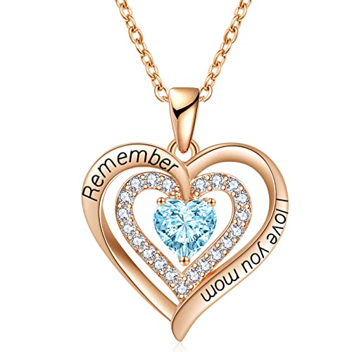 REDBEE Necklace for Mom 18K Rose Gold Filled 925 Sterling Silver Birthstone Diamond Heart Pendant Necklace for Women, Jewelry for Birthday Mothers Day for Mom Valentines Day for Wife Gifts for Her I