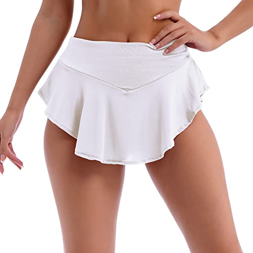 Women's High Waisted Ruffle Pleated Skirted Hot Pants Booty Shorts Elastic Waist Yoga Gym Mini Rave Dance Bottoms Active Skirted Panties White