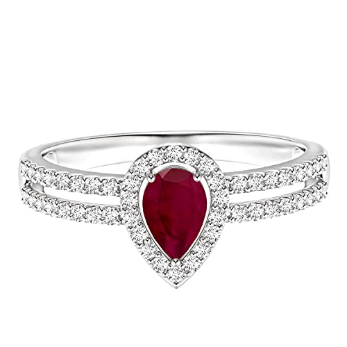 MOONEYE 6X4 MM Pear Red Ruby Gemstone 925 Sterling Silver Solitaire Halo Split Shank Ring (Silver, 6)