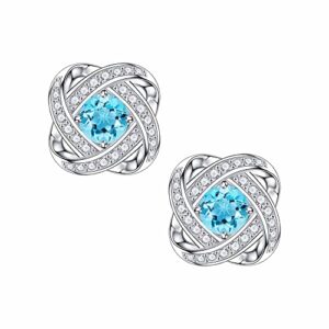 Aquamarine Knot Birthstone Earrings for Women, Sparkle Round Cut Aquamarine March Birthstone Earrings 18K White Gold Plated Sterling Silver Blue Aquamarine Jewelry March Birthday Gifts for Women