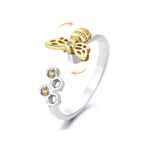 Cute Bee Fidget Spinner Rings for Women Sterling Silver Plated Anxiety Rotate Freely Inspirations Stress Relief Adjustable Open Ring Yellow Cubic Zirconia Lovely Animal Honeycomb Eternity Promise Statement Fashion Jewelry Gifts Birthday (Style 2)